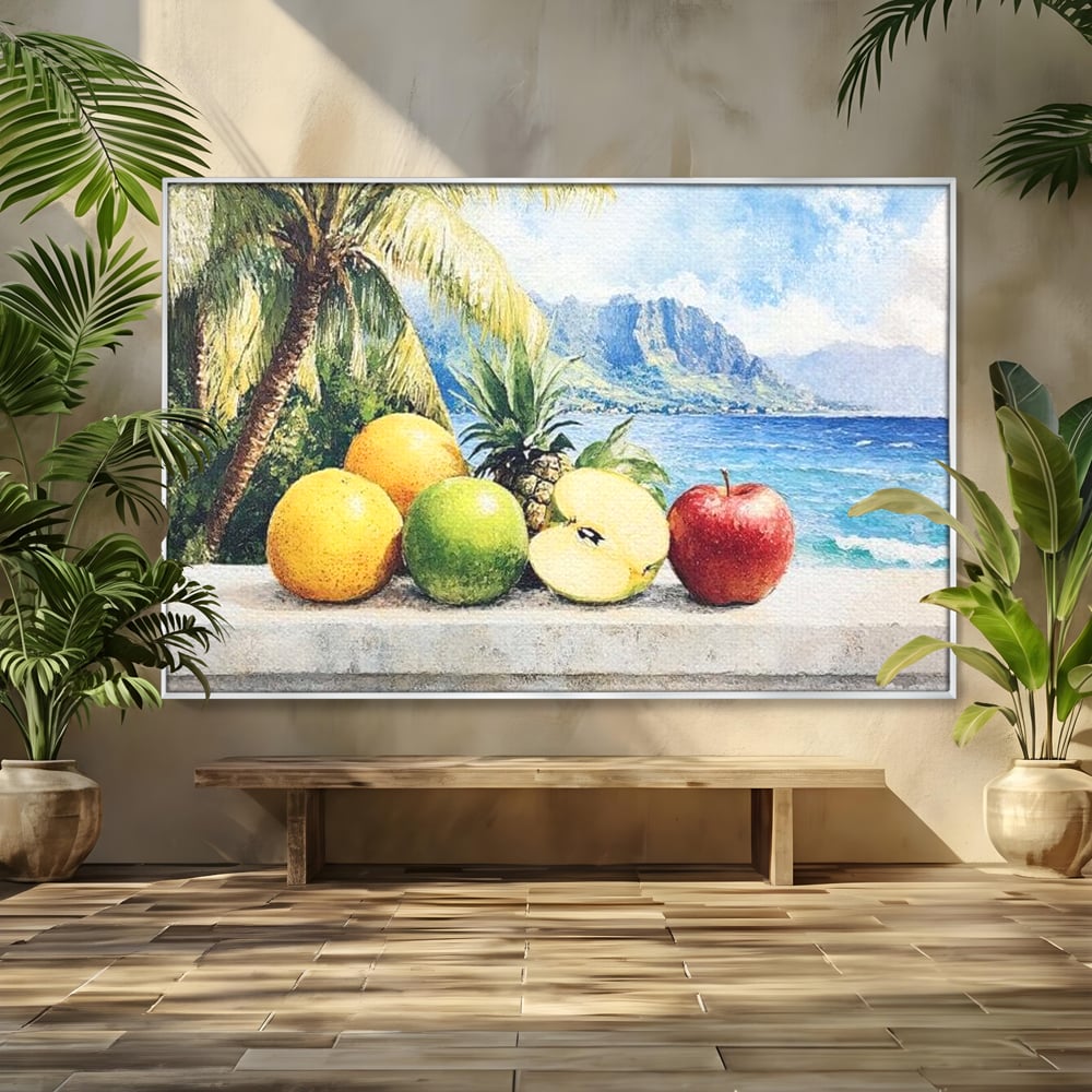 Tablou canvas cu natura moarta cu fructe tropicale si ocean, in rama de aluminiu argintiu
